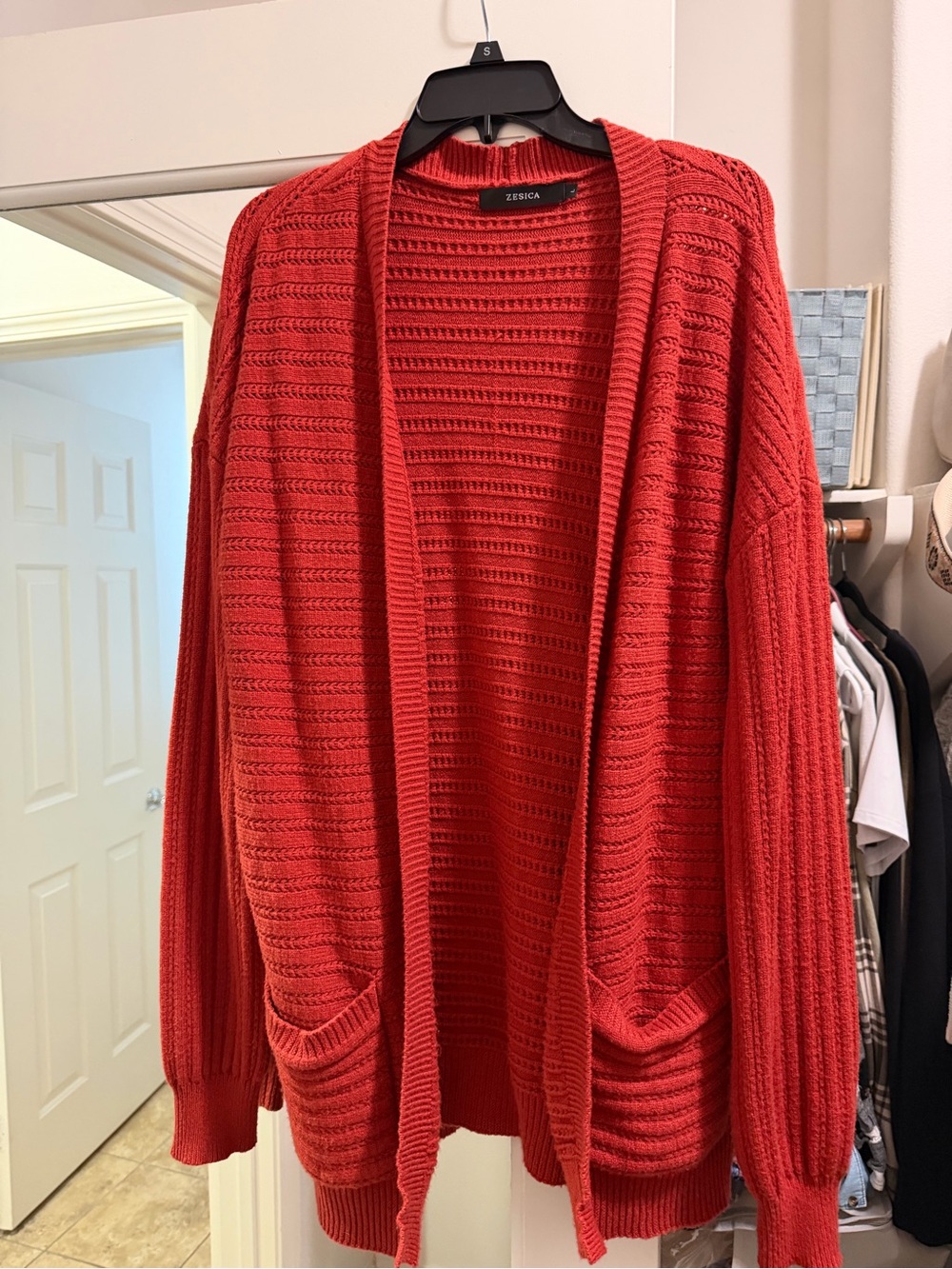 Zesica Open-Front Red Knit Cardigan with Pockets